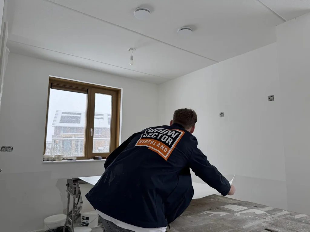 Behanger van Bouwsector Nederland buigt zich over de plaktafel in een nieuwe kamer terwijl het buiten sneeuwt