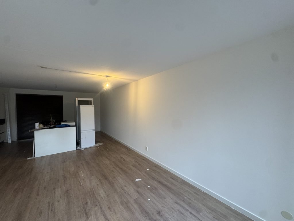 Leeg appartement met een lange lichte wand, een houten vloer en een open keuken